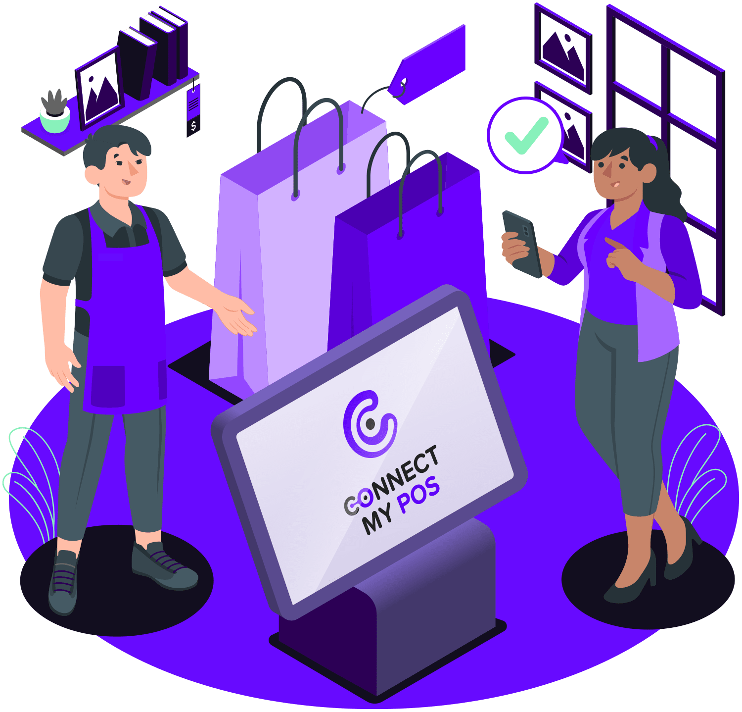 Commerçant et cliente connectés à la caisse ConnectMyPos